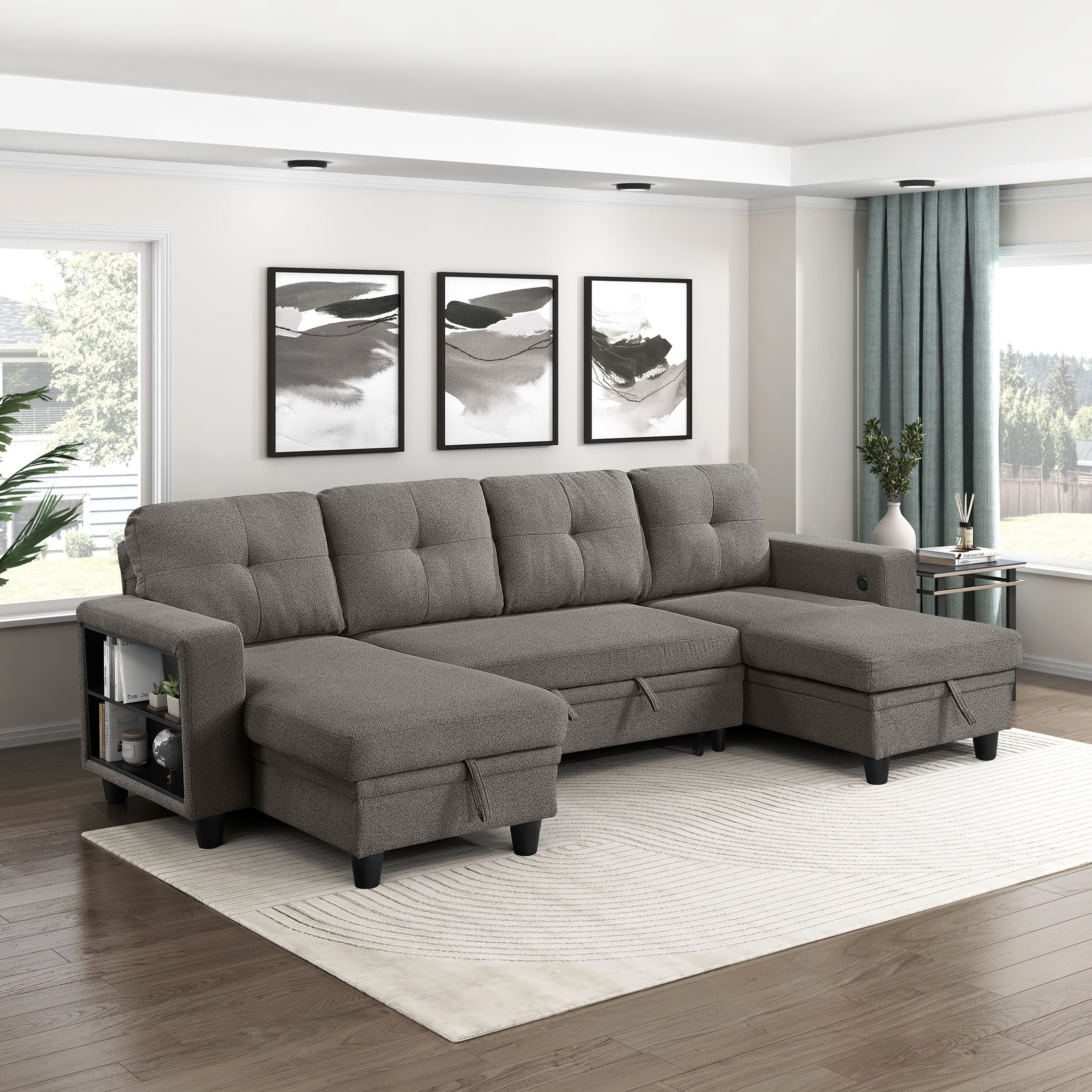 OakvillePark Vessarion Boucle Sectional with Two Chaises, Pull-out Bed, Shelves and Charging Ports, Dark Brown