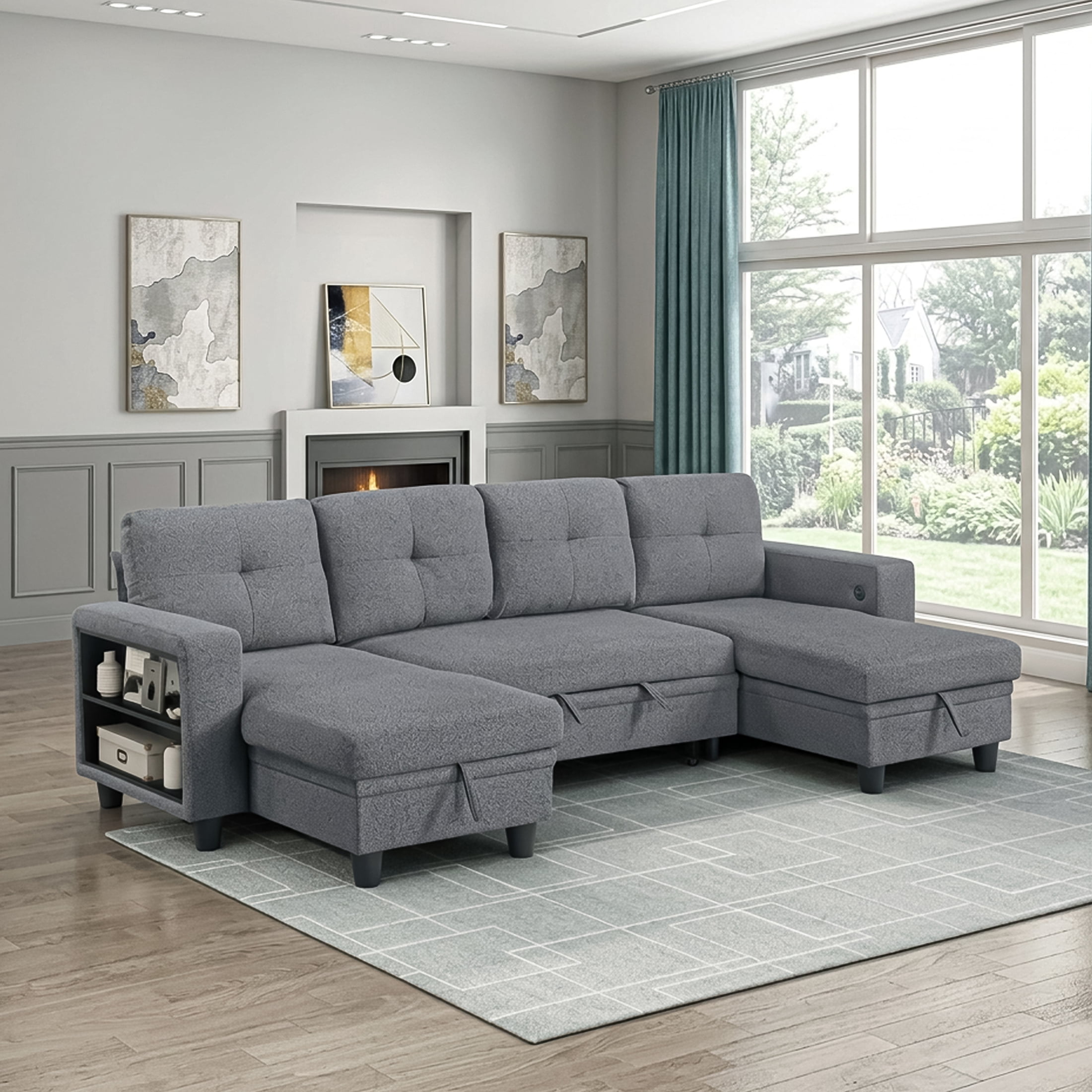 OakvillePark Vessarion Boucle Sectional with Two Chaises, Pull-out Bed, Shelves and Charging Ports, Gray