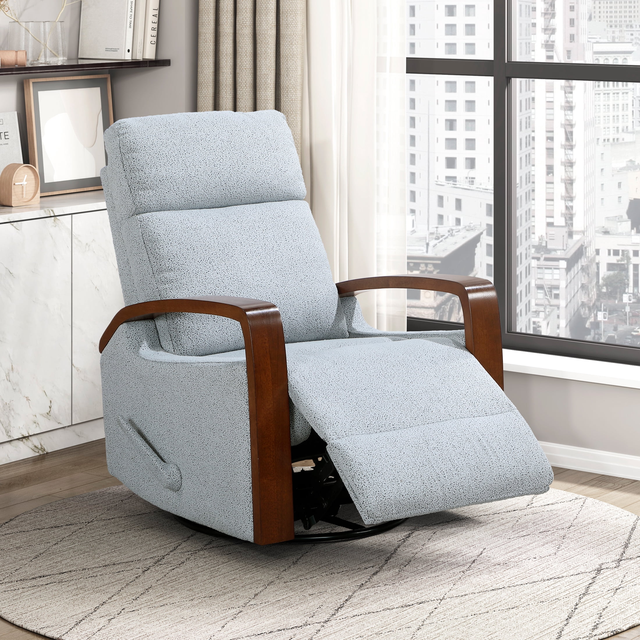 OakvillePark Vexa Boucle Swivel Glider Reclining Chair with Wooden Arms, Gray