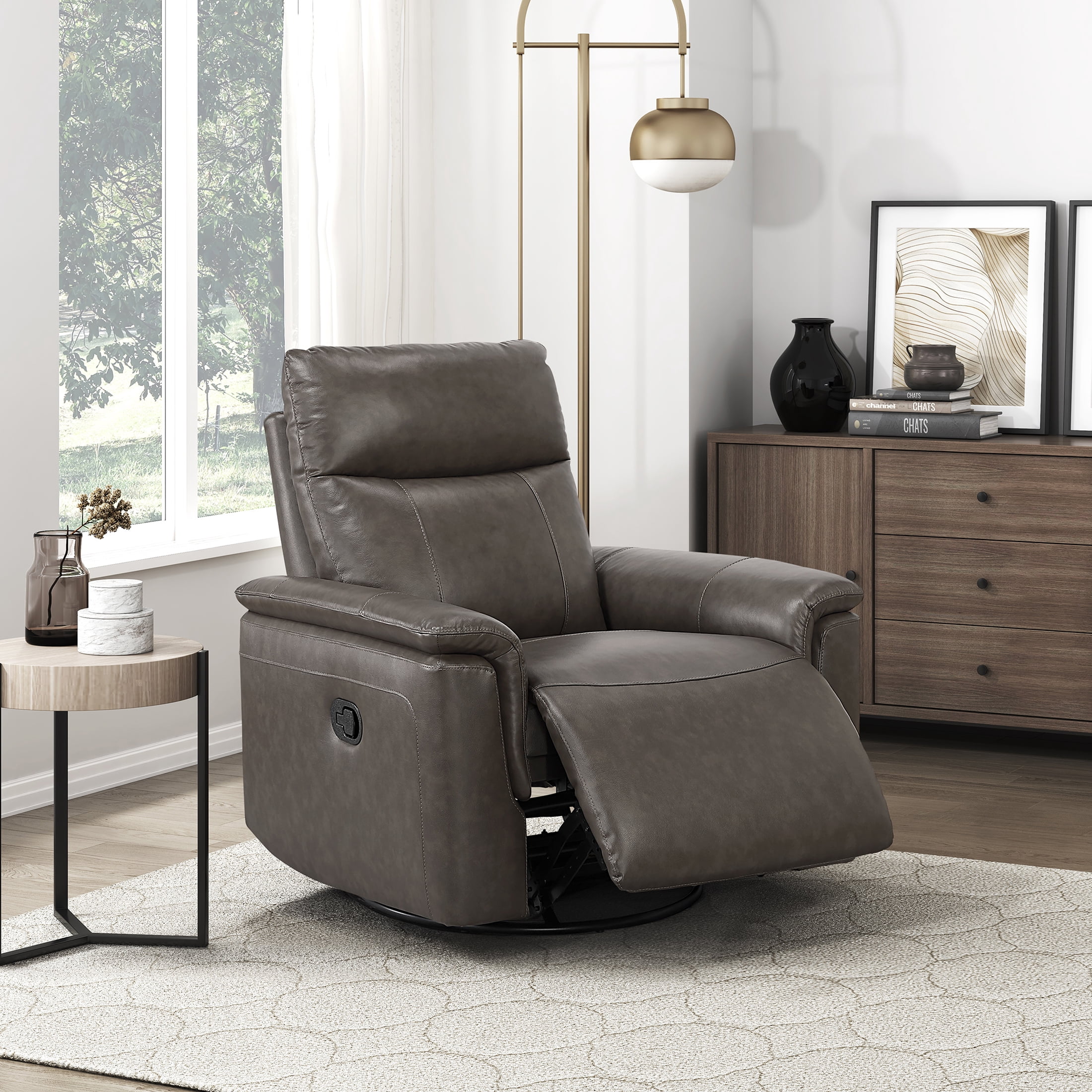 OakvillePark Wildfern Leather Match Swivel Glider Reclining Chair, Dark Brown