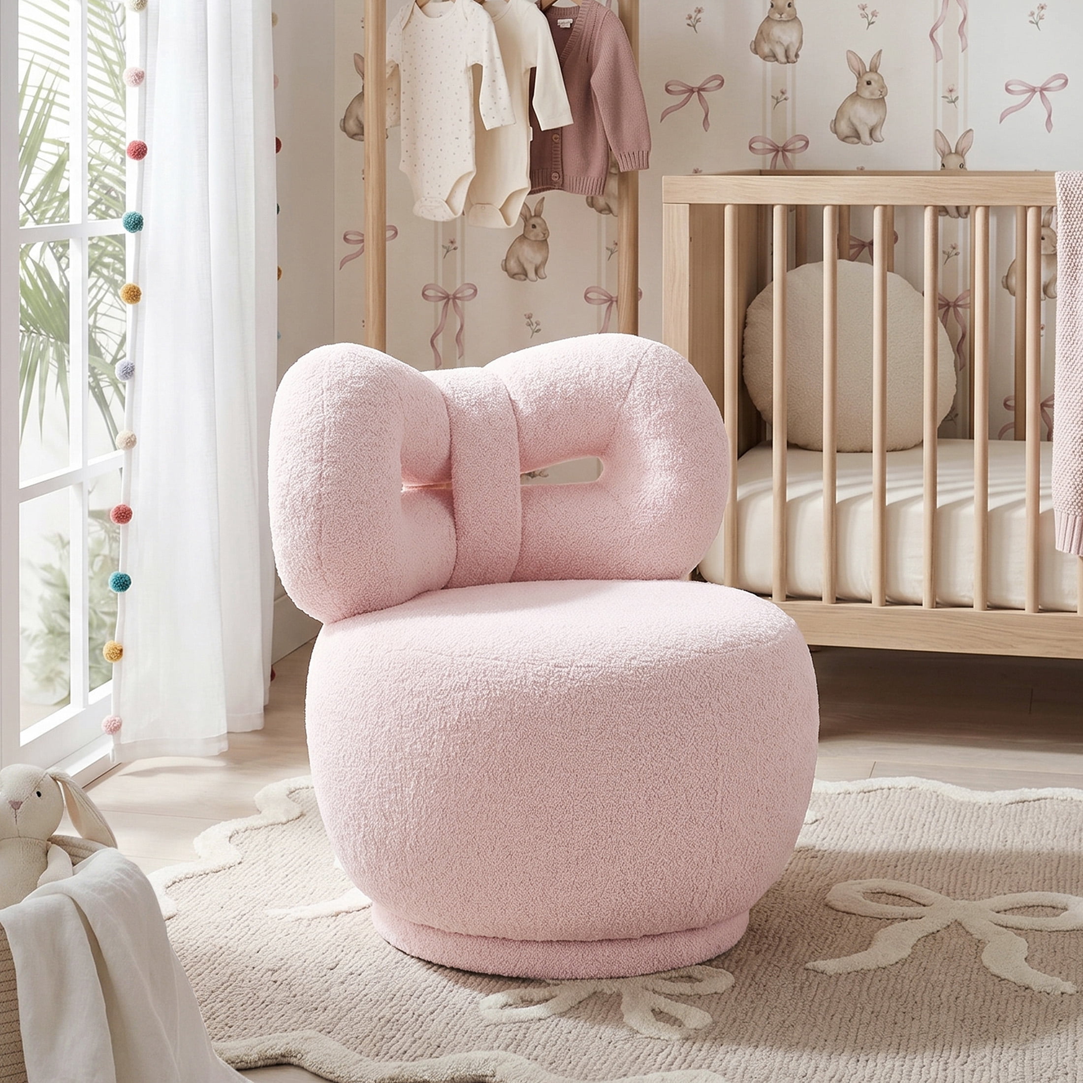 OakvillePark Wooda Modern Bow Shaped Boucle Kid's Swivel Chair, Pink