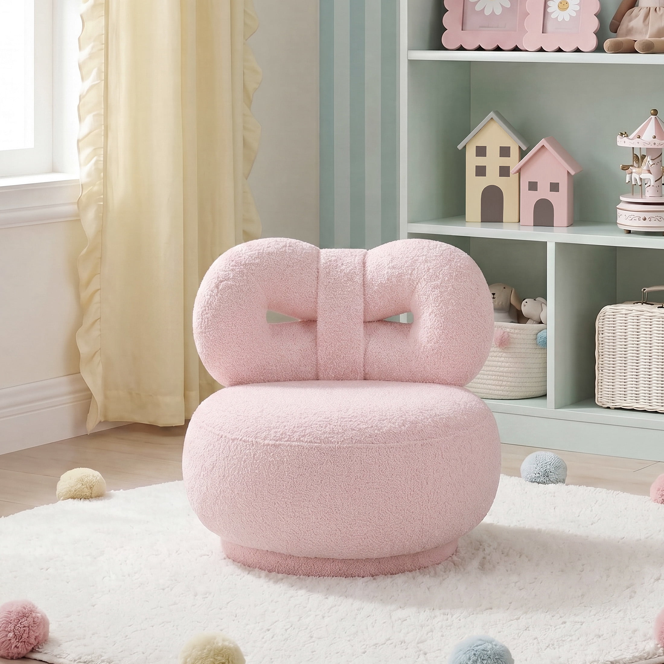 OakvillePark Wooda Modern Bow Shaped Boucle Mini Kid's Swivel Chair, Pink