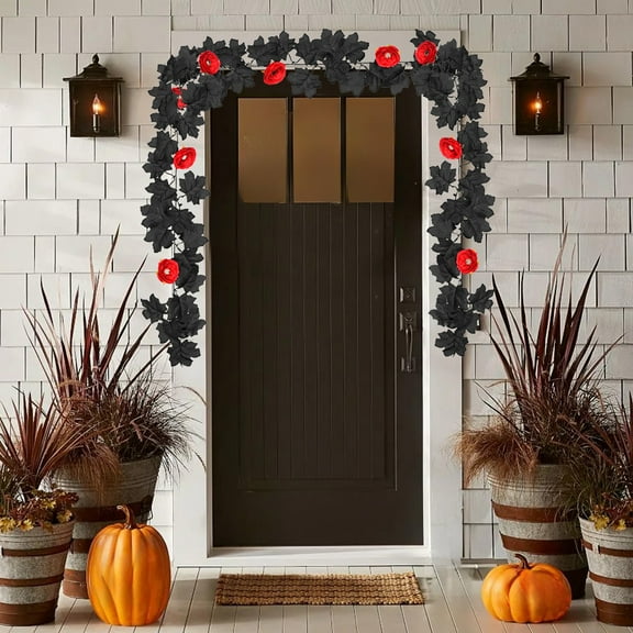 Oalirro 2 Pack Halloween Vines Decor - 6.5ft Black Artificial Maple Leaf Garland with Hanging Ring, Bendable Faux Plants for Spooky Party, No Fade, Indoor/Outdoor Decorations