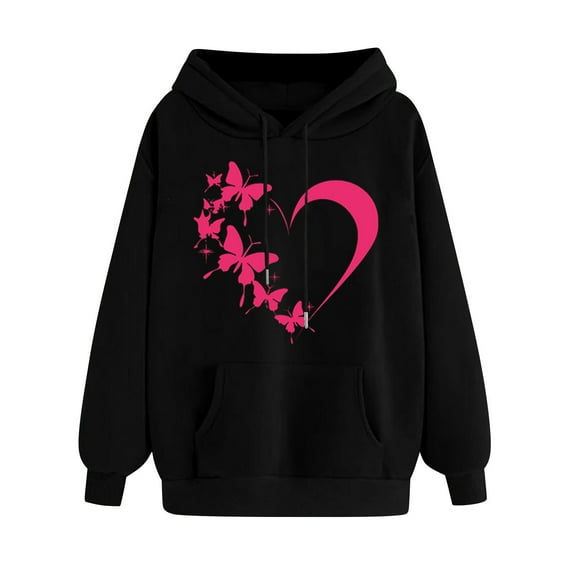 Oalirro 2024 New Fashion Drawstring Hoodies for Women Trendy Long Sleeve Heart Print Sweatshirt Valentine's Day Top for Spring, Black