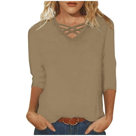 Oalirro 3/4 Length T-Shirt for Women Casual Criss Cross Crew Neck Blouse Loose Solid Color Basic Tees