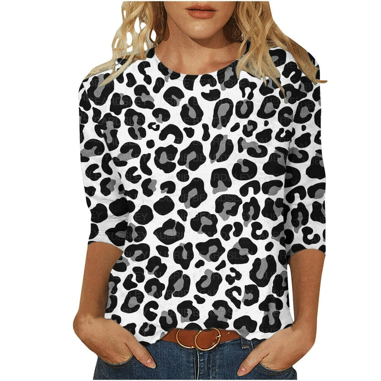 Oalirro 3/4 Sleeve Tops for Women Crew Neck Pattern Printing Casual Tops 