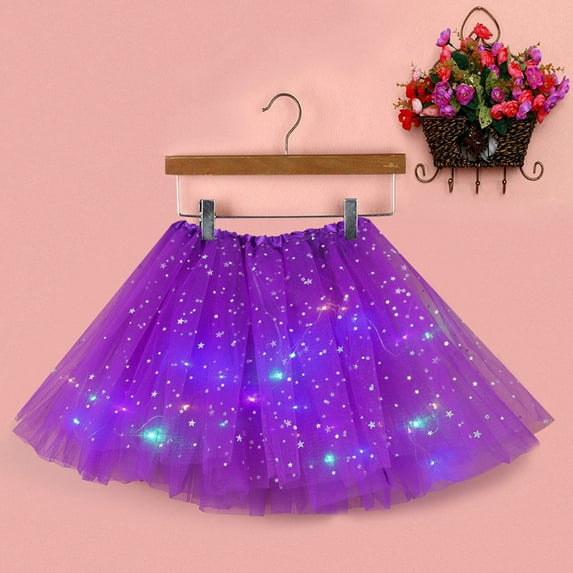 Oalirro Ballet Skirt Gift for Kids Mini Skirt Women Star Sequins Mesh Pleated Tulle Princess Skirt with LED Small Bulb Skirt Purple