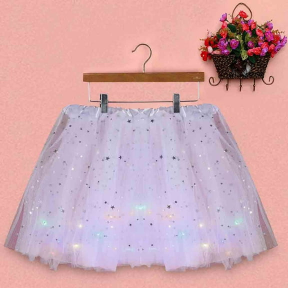 Oalirro Ballet Skirt Gift for Kids Mini Skirt Women Star Sequins Mesh Pleated Tulle Princess Skirt with LED Small Bulb Skirt White
