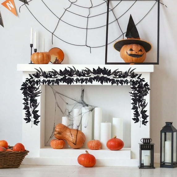 Oalirro Black Halloween Maple Leaf Vine Garland - Artificial Fall Rattan with Pumpkins for Fireplace, Wall & Door Decor - Foam Indoor/Outdoor Decorations for Halloween & Christmas Parties