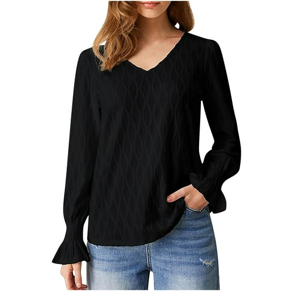 Oalirro Black Round Neck Long Sleeve Tops for Women Dressy Women's Fall Fashion Solid Color Long Sleeved Crewneck Basic Tops Blouse