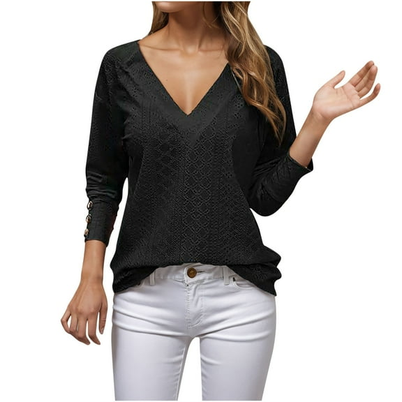 Oalirro Black V Neck Long Sleeve Tops for Woman Summer Women's Fashion Casual V-neck Long Sleeve Button Hollow-out Solid Color Blouse