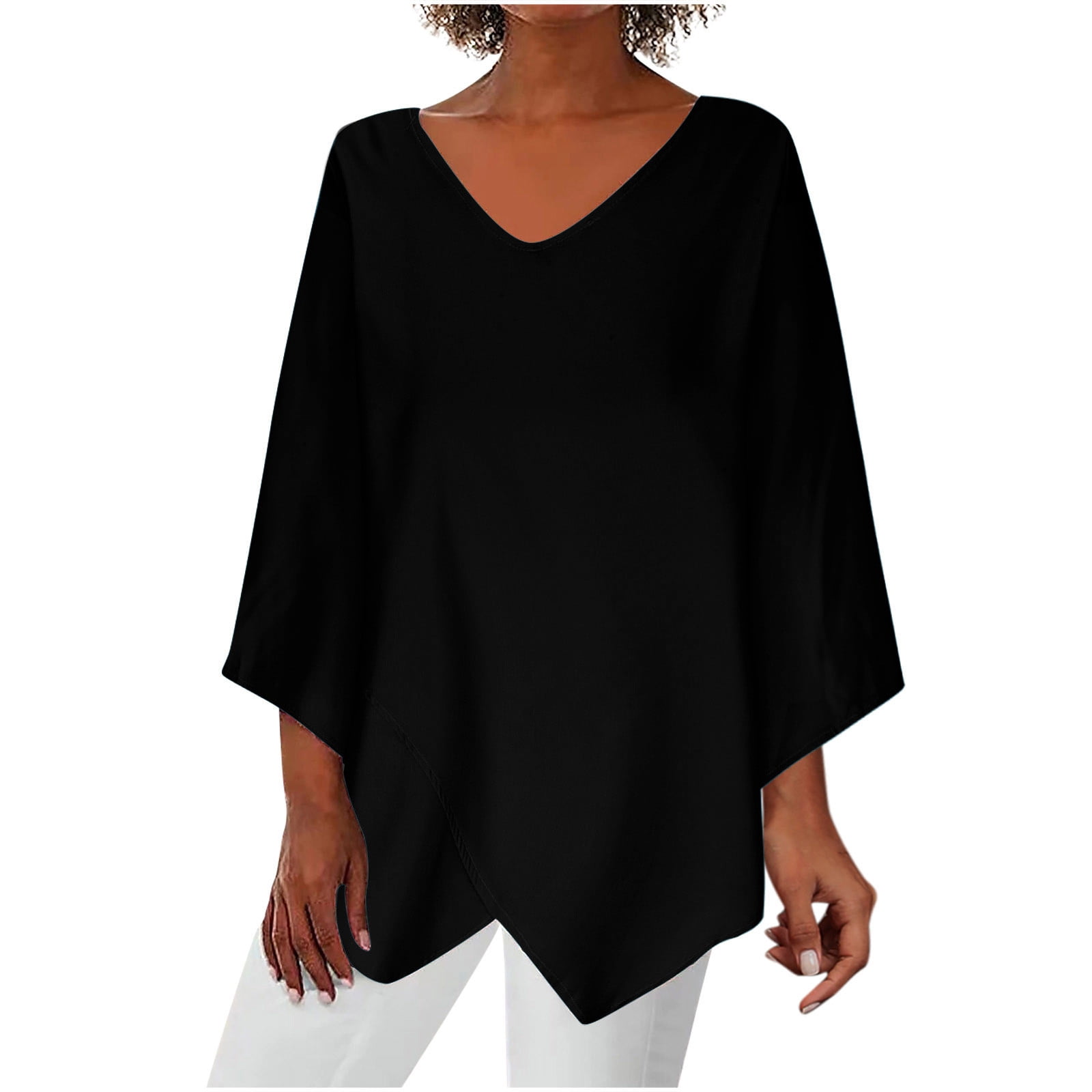 Women's Casual Solid V-Neck Black Top