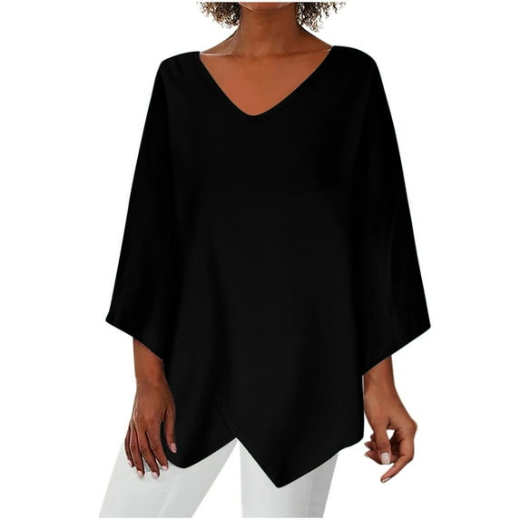 Oalirro Black Womens Long Sleeve Tops Dressy V Neck Solid Womens Blouses Casual Summer