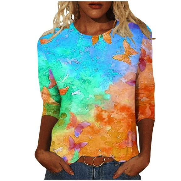 Oalirro Blue Trendy Casual Tops for Women 2024 Crew Neck Three-Quarter Sleeve Top XXL