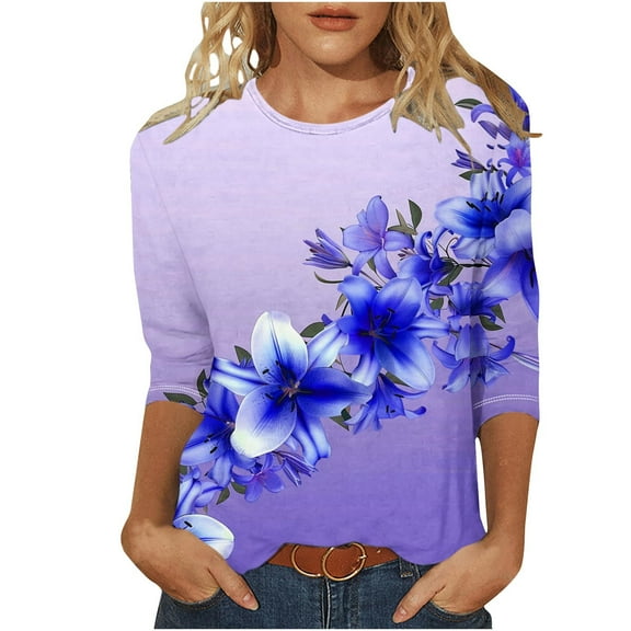 Oalirro Blue Women Blouses and Tops Fashion Round Neck Three-Quarter Sleeve Top L