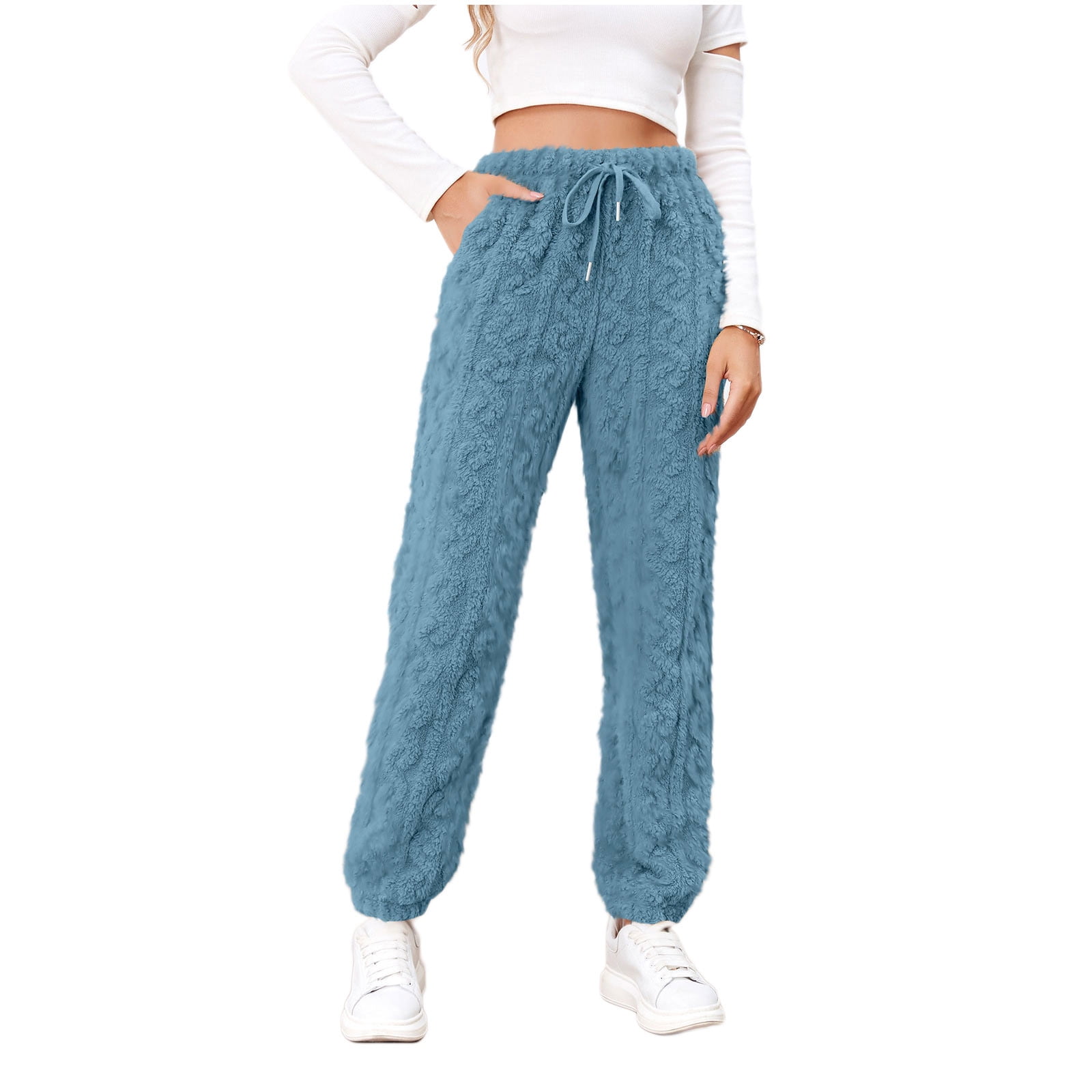 Oalirro Blue Women Fuzzy Pajama Pants, Lightweight Polar FLeece Lounge