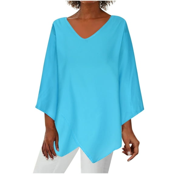 Oalirro Blue Womens Long Sleeve Tops Summer V Neck Solid Womens Trendy Tops