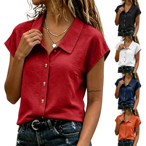 Oalirro Button Down Short Sleeve Blouse for Women Solid Dressy Casual Business Office Work Tops Summer Clothing