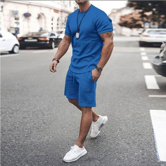 Oalirro Casual Outfits for Men 2 Piece Sets Holiday Gifts Men 2 Piece Casual Short Sleeve Tee Shirts and Fit Sport Shorts Set Blue
