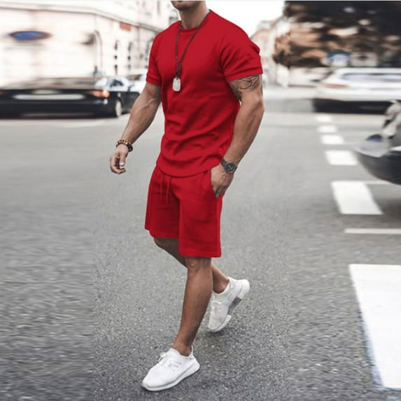 Oalirro Casual Outfits for Men 2 Piece Sets Holiday Gifts Men 2 Piece Casual Short Sleeve Tee Shirts and Fit Sport Shorts Set Red