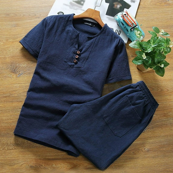 Oalirro Casual Outfits for Men 2 Piece Sets Holiday Gifts Mens Cotton Linen Set Solid Color Short-Sleeved T-Shirt Large Size Casual Set Navy