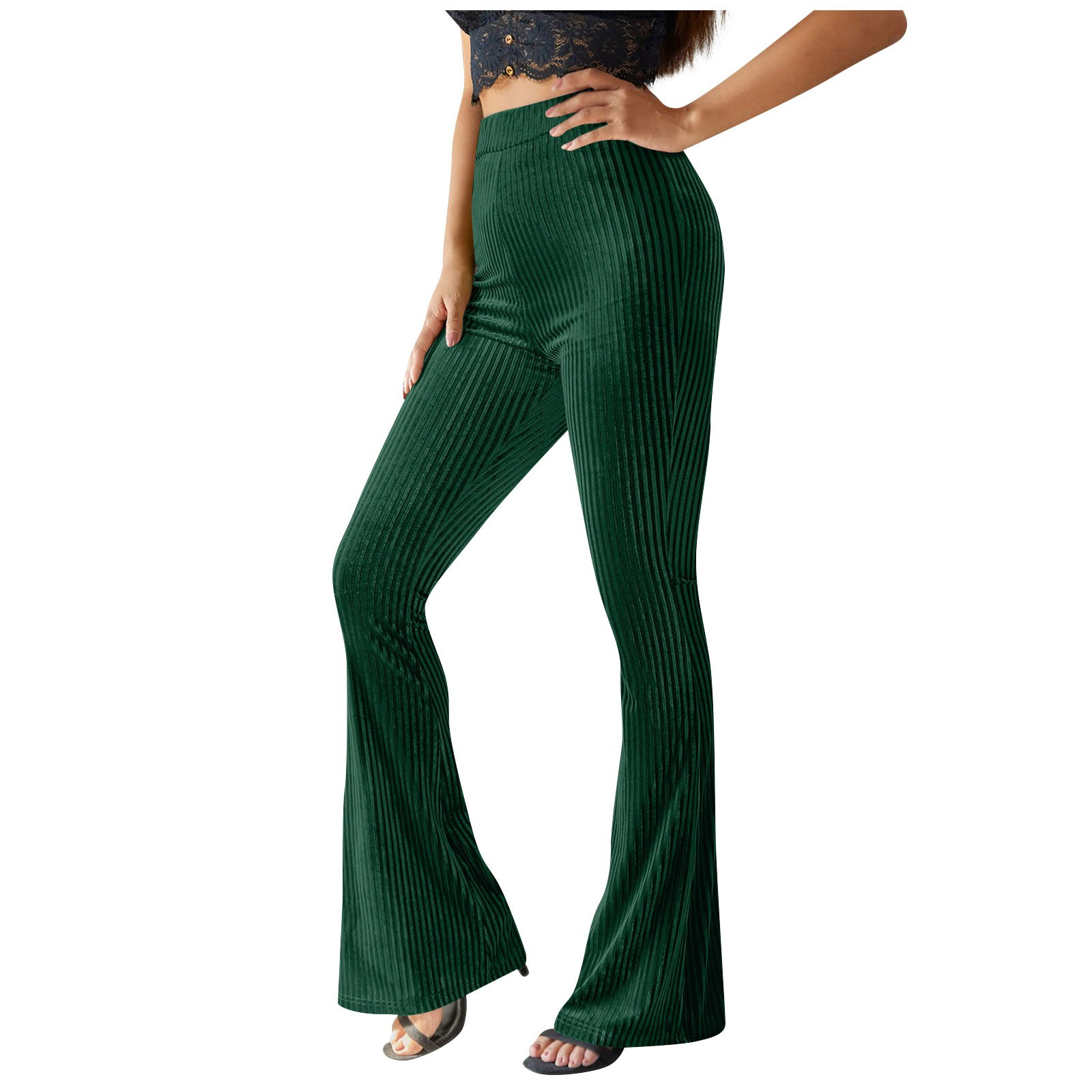 Oalirro Casual Pants for Women Trendy Velvet Green Flare Leggings for Women High Waist S, Women's, Size: Small