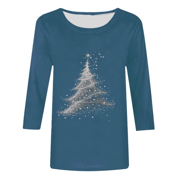 Oalirro Christmas Shirts for Women 3/4 Length Sleeve Tops Fall Crewneck Trendy Shirt