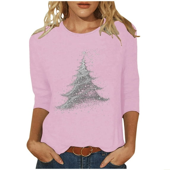 Oalirro Christmas Shirts for Women 3/4 Length Sleeve Tops Fall Crewneck Trendy Shirt