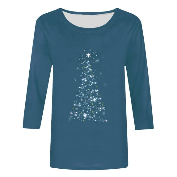 Oalirro Christmas Shirts for Women 3/4 Sleeve Sparkle Glitter Xmas Tree Print Tops