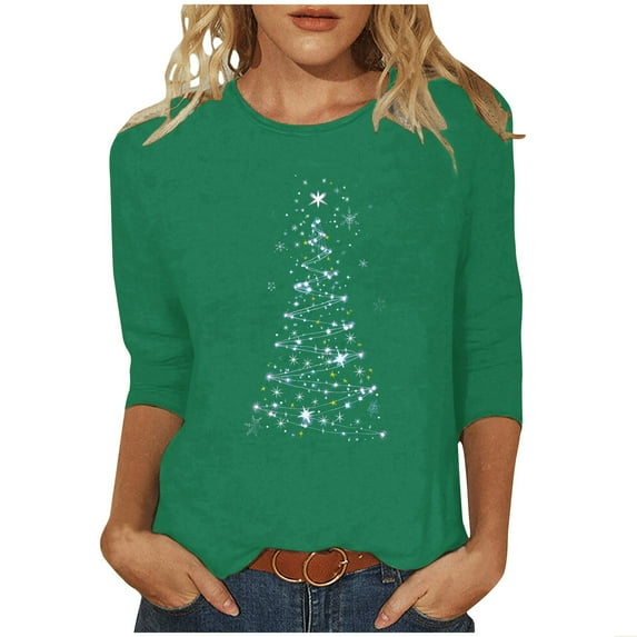 Oalirro Christmas Shirts for Women 3/4 Sleeve Sparkle Glitter Xmas Tree Print Tops