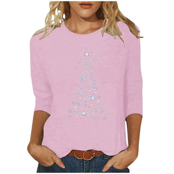 Oalirro Christmas Shirts for Women 3/4 Sleeve Sparkle Glitter Xmas Tree Print Tops