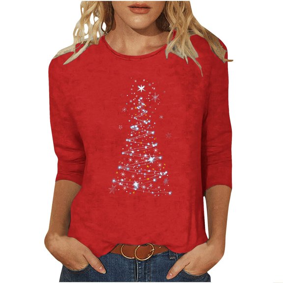 Oalirro Christmas Shirts for Women 3/4 Sleeve Sparkle Glitter Xmas Tree Print Tops