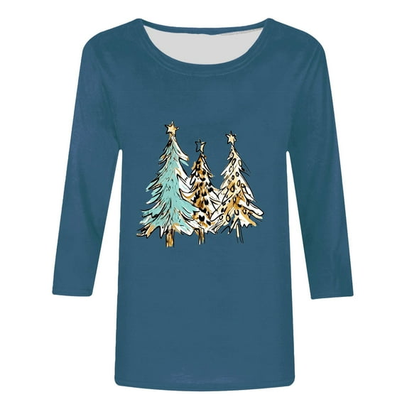 Oalirro Christmas Shirts for Women Trendy Xmas Tree Graphic 3/4 Sleeve Crewneck Tunic Tops