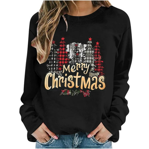 Oalirro Christmas Sweatshirts for Women Long Sleeve Graphic Cute Womens Shirts Merry Christmas Print Black Crew Neck Top, L
