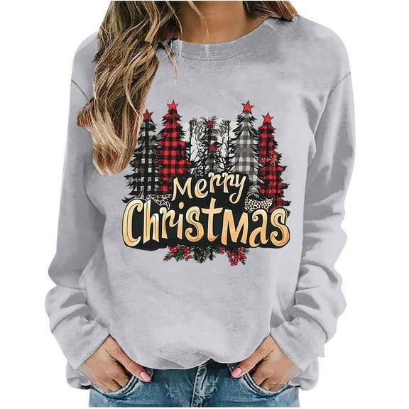 Oalirro Christmas Sweatshirts for Women Long Sleeve Graphic Cute Womens Shirts Merry Christmas Print Gray Crew Neck Top, XS