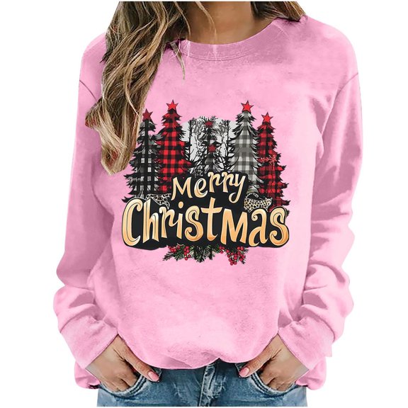 Oalirro Christmas Sweatshirts for Women Long Sleeve Graphic Cute Womens Shirts Merry Christmas Print Pink Crew Neck Top, XS