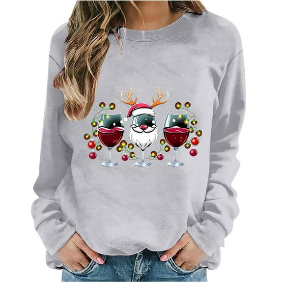Oalirro Christmas Sweatshirts for Women Long Sleeve Graphic Cute Womens Shirts Merry Christmas Wine Glass Print Gray Crew Neck Top, M
