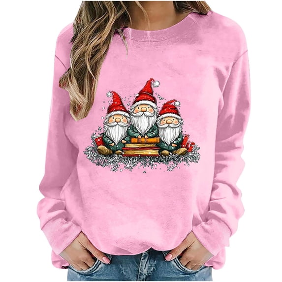 Oalirro Christmas Sweatshirts for Women Long Sleeve Graphic Dressy Womens Top Merry Christmas Print Pink Round Neck Top, XS