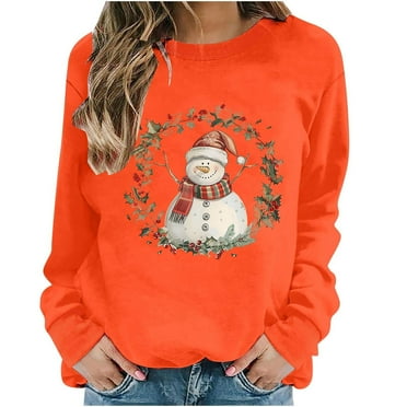 Oalirro Christmas Sweatshirts for Women Long Sleeve Graphic Dressy Womens Top Merry Christmas Snowman Print Orange Round Neck Top, S