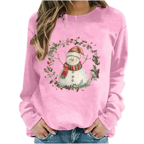 Oalirro Christmas Sweatshirts for Women Long Sleeve Graphic Dressy Womens Top Merry Christmas Snowman Print Pink Round Neck Top, XS