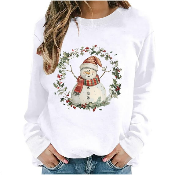 Oalirro Christmas Sweatshirts for Women Long Sleeve Graphic Dressy Womens Top Merry Christmas Snowman Print White Round Neck Top, S
