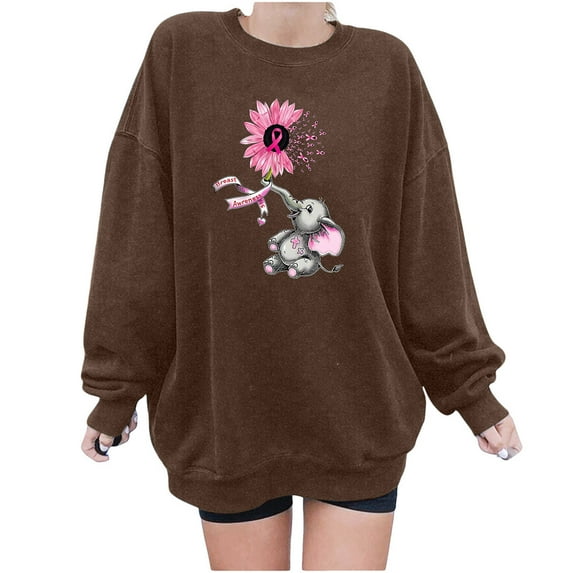 Oalirro Coffee Round Neck Long Sleeve Tops for Women Going Out Women's Round Printed Loose Fitting Sweatshirts Long Sleeve Hoodless Sweatshirts