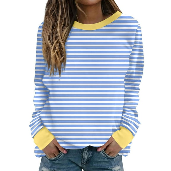 Oalirro Cute Long Sleeve Tops for Women Striped Print Round Neck Fall Tops for Women 2024 Fall and Winter Light Blue Shirt
