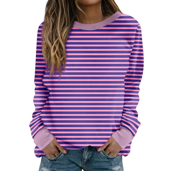 Oalirro Cute Long Sleeve Tops for Women Striped Print Round Neck Fall Tops for Women 2024 Fall and Winter Purple Shirt
