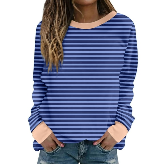 Oalirro Cute Long Sleeve Tops for Women Striped Print Round Neck Tops for Woman Fall and Winter Blue Shirt