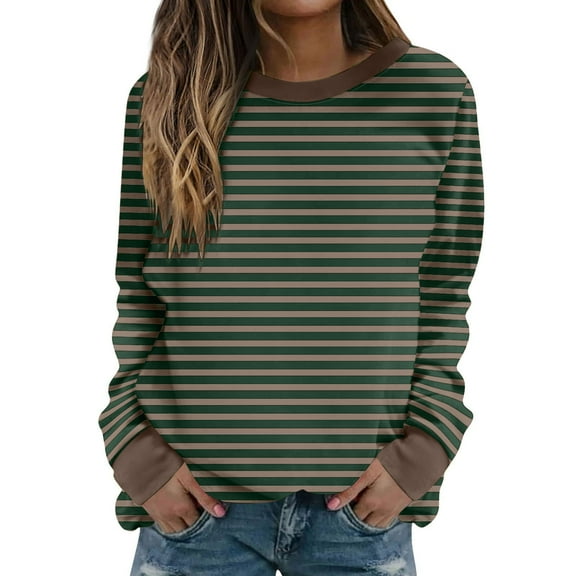 Oalirro Cute Long Sleeve Tops for Women Striped Print Round Neck Sheer Tops for Women Fall and Winter Coffee Shirt