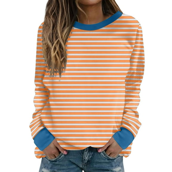 Oalirro Cute Long Sleeve Tops for Women Striped Print Round Neck Sheer Tops for Women Fall and Winter Orange Shirt