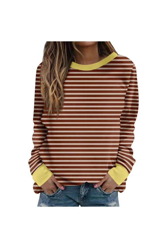 Cute Long Sleeve Tops for Women Striped Print Round Neck Tops for Women 2024 Fall and Winter Coffee Shirt