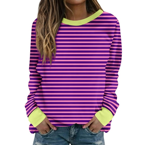 Oalirro Cute Long Sleeve Tops for Women Striped Print Round Neck Tops for Women 2024 Fall and Winter Hot Pink Shirt