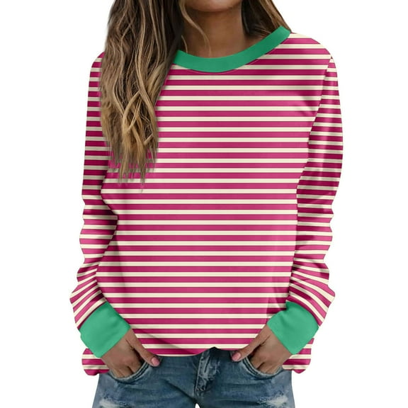 Oalirro Cute Long Sleeve Tops for Women Striped Print Round Neck Tops for Women Dressy Fall and Winter Red Shirt